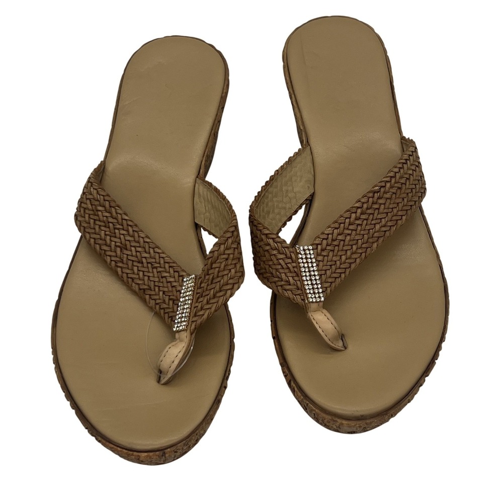 Women's Tan Braided Rhinestone Wedge Sandals Flip Flops EU 40 US 9 Slip On